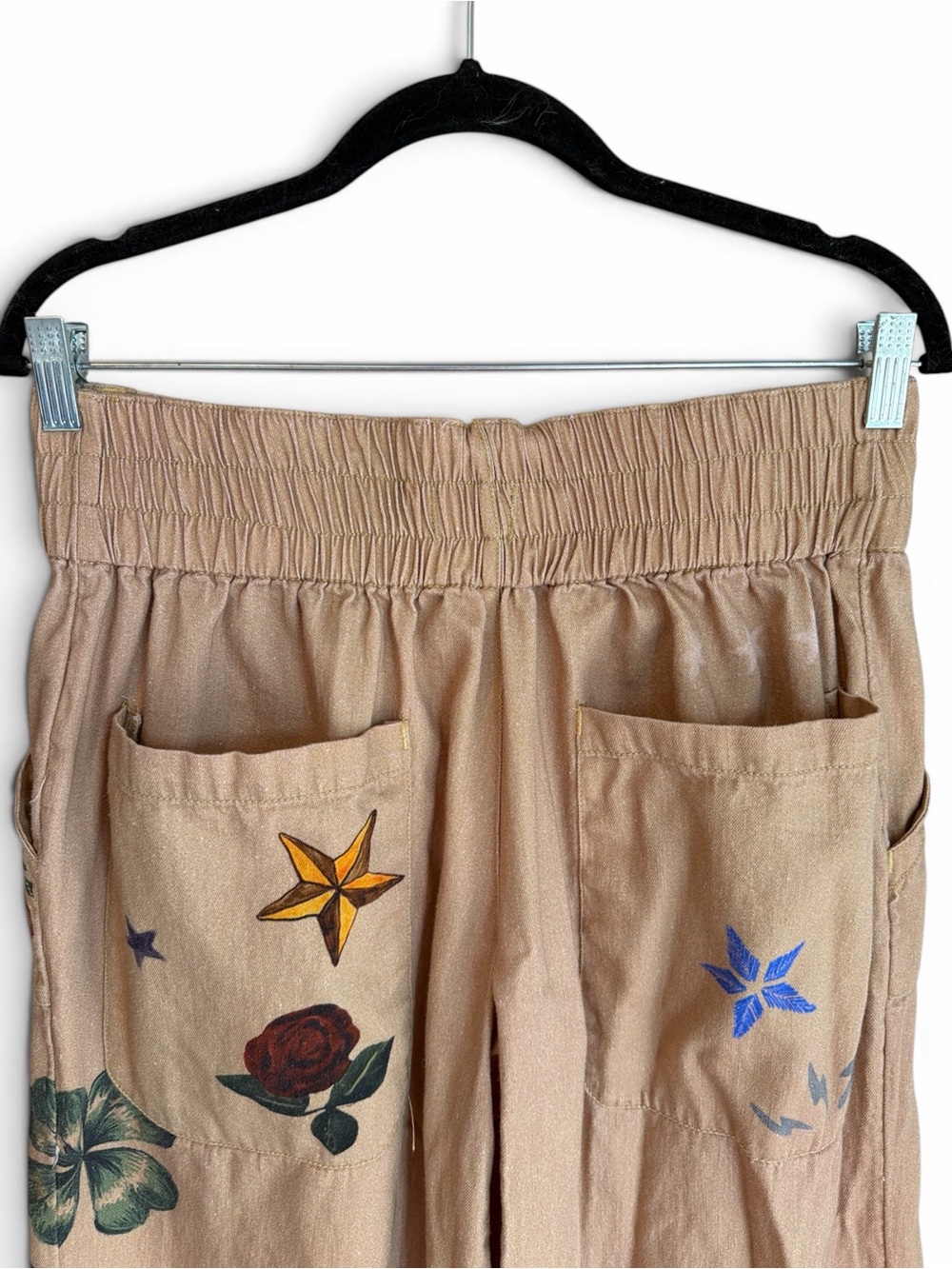 We The Free Breezy Printed Denim Pull On Jeans Size Medium Khaki Combo Pockets - Picture 7 of 16